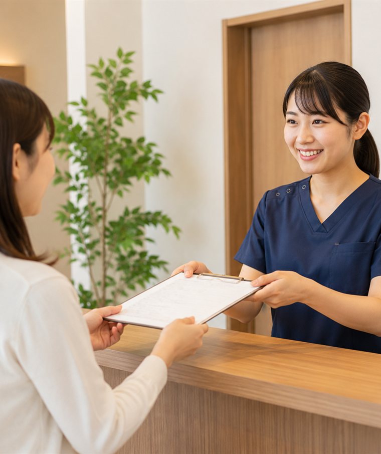 受付で症状をうかがうスタッフ